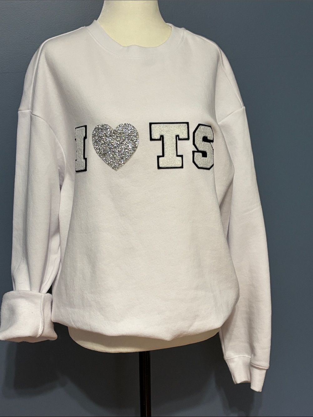 H&M White Crewneck Sweatshirt with Silver Glitter Heart - I ❤️ T S